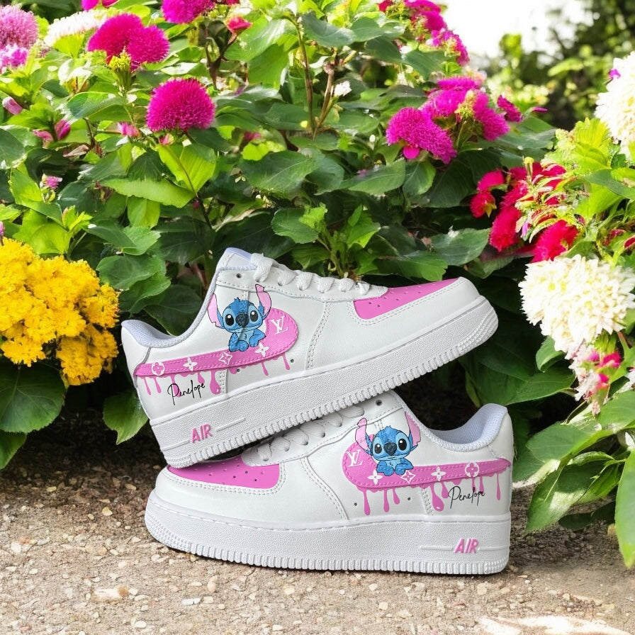 Stitch Pink Drip LV Custom Shoes Air Force 1's