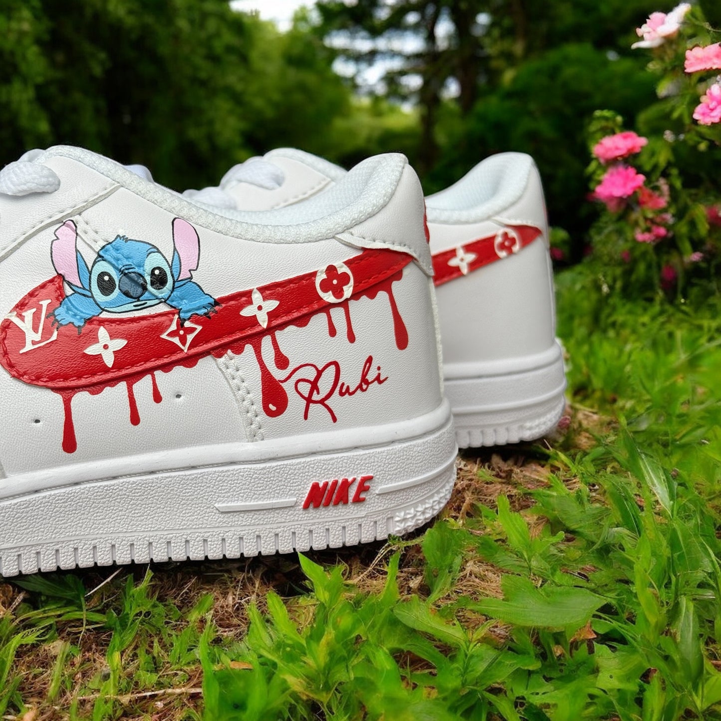 Stitch Drip Red LV Custom Shoes Air Force 1's