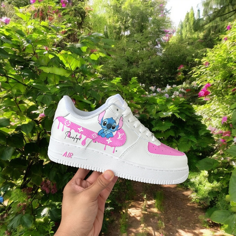 Stitch Pink Drip LV Custom Shoes Air Force 1's