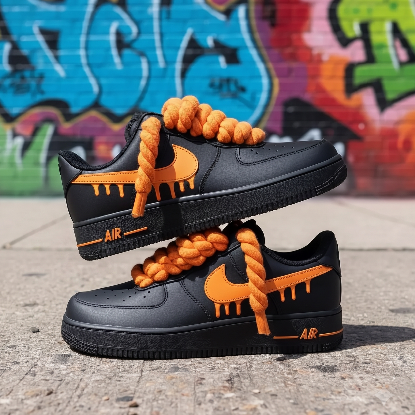 Orange Big Rope Lace Custom Sneakers - Black Air Force 1
