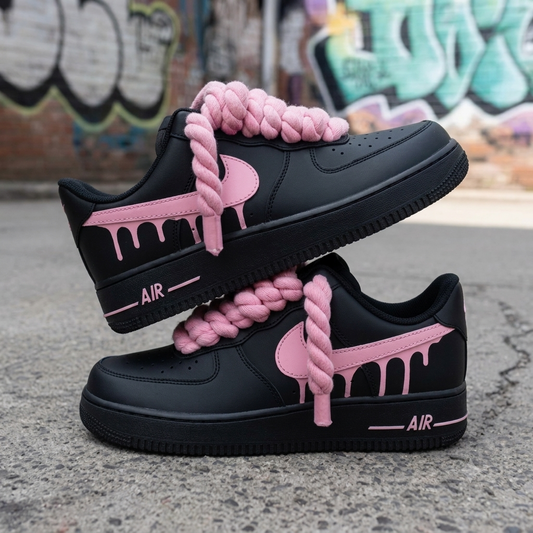 Drip Pink Big Rope Lace Custom Sneakers - Black Air Force 1